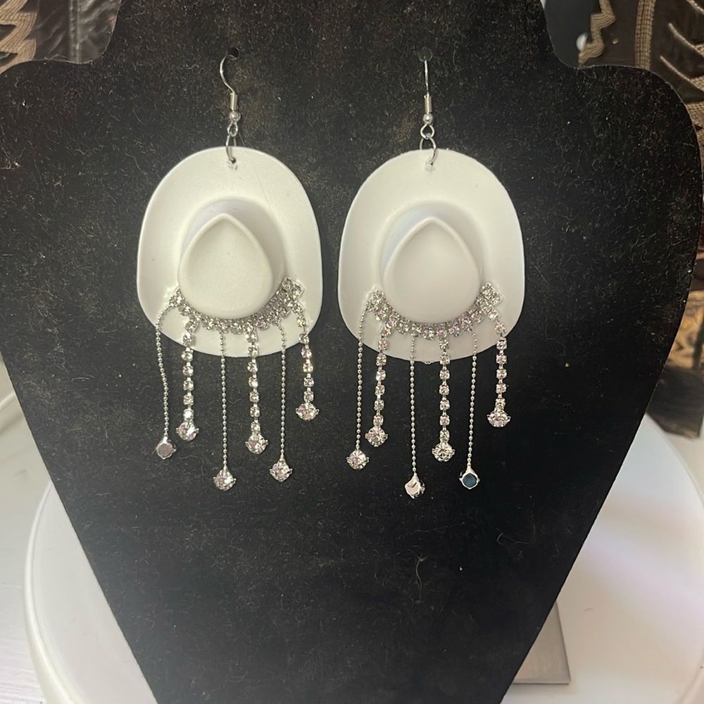 Earrings White Cowboy Hat Earrings Bundle with Rhinestone Chains
